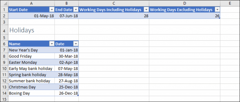 Excel Formula To Get Working Days Between Two Dates Excluding Holidays 