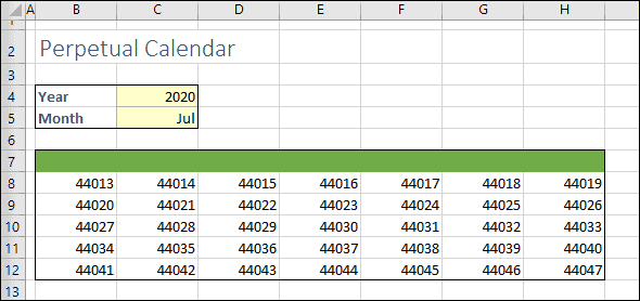 Calendar showing date serial numbers