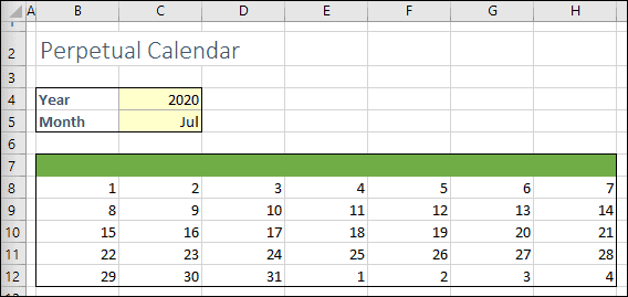 Calendar converted to days of the month