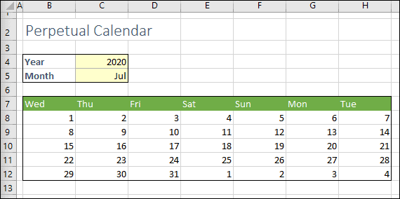 calendar with days of the week header