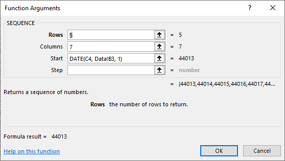 Excel sequence function arguments dialog II