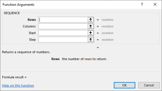 Excel SEQUENCE function arguments dialog