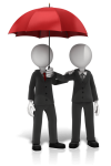 Two businessmen underneath an umbrella